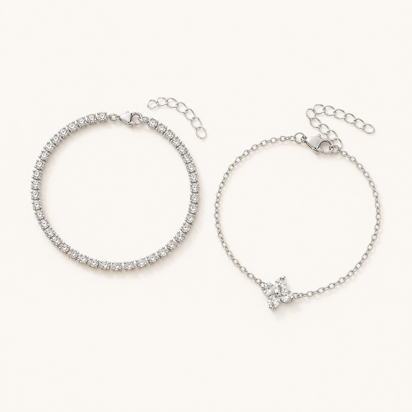 Gold Pavé Tennis & Flower CZ Bracelet Set – Dainty Layering Bracelets, Gift for Her