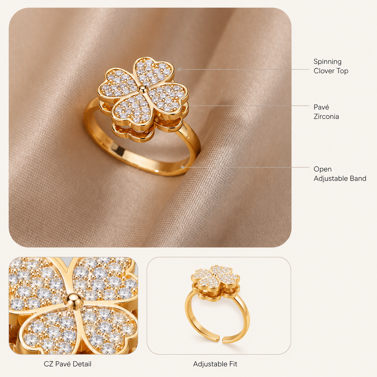 Pavé Clover Spinner Ring – Fidget Anxiety Ring Gold Silver CZ, Lucky Gift for Her