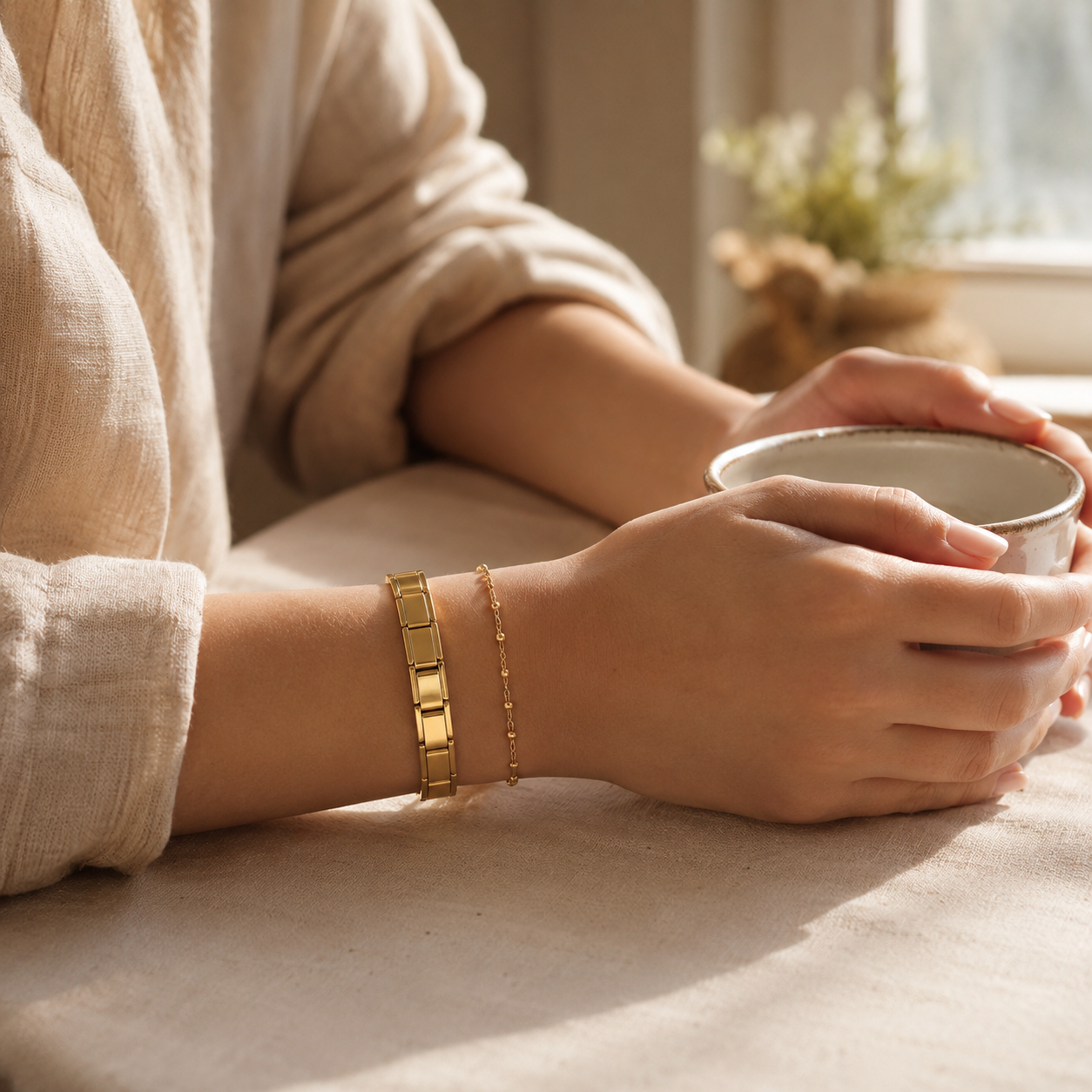 Gold Italian Link Bracelet – 9mm Stainless Steel Stretch Bangle, Minimalist Stackable Jewelry Gift for Women Men