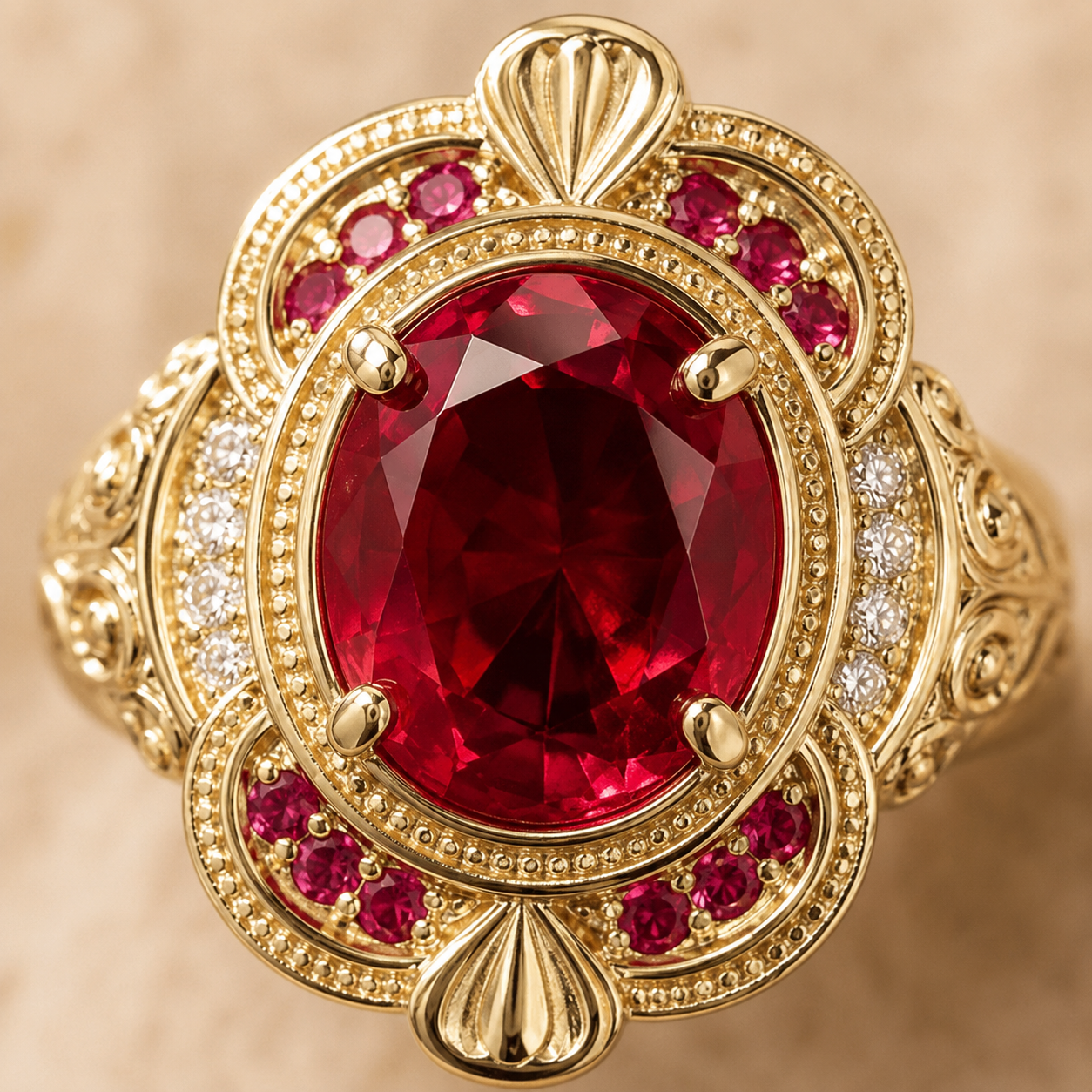 Gold Vintage Floral Ruby Red CZ Ring – Elegant Statement Cocktail Ring, Gift for Her
