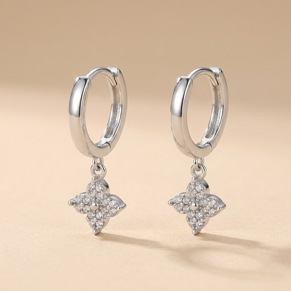 Pavé Clover Hoop Earrings – Dainty CZ Charm Huggie Hoops, Gift for Her