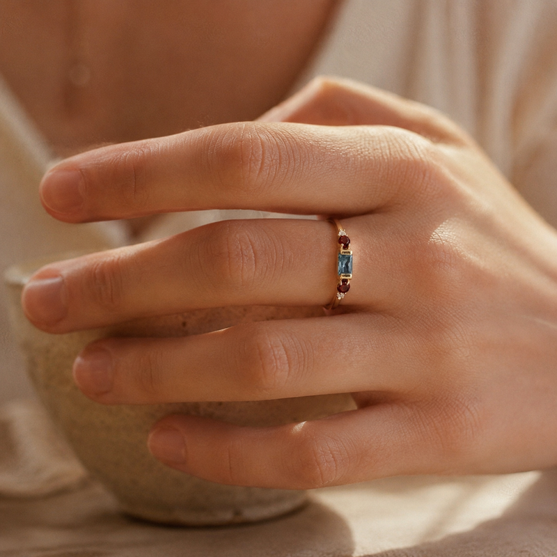 Gold Baguette & Garnet CZ Ring – Dainty Multi-Stone Stacking Ring, Gift for Her