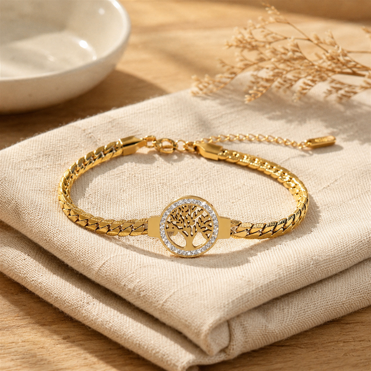 Gold Tree of Life Bracelet – Pavé CZ Curb Chain Charm Bracelet, Gift for Her