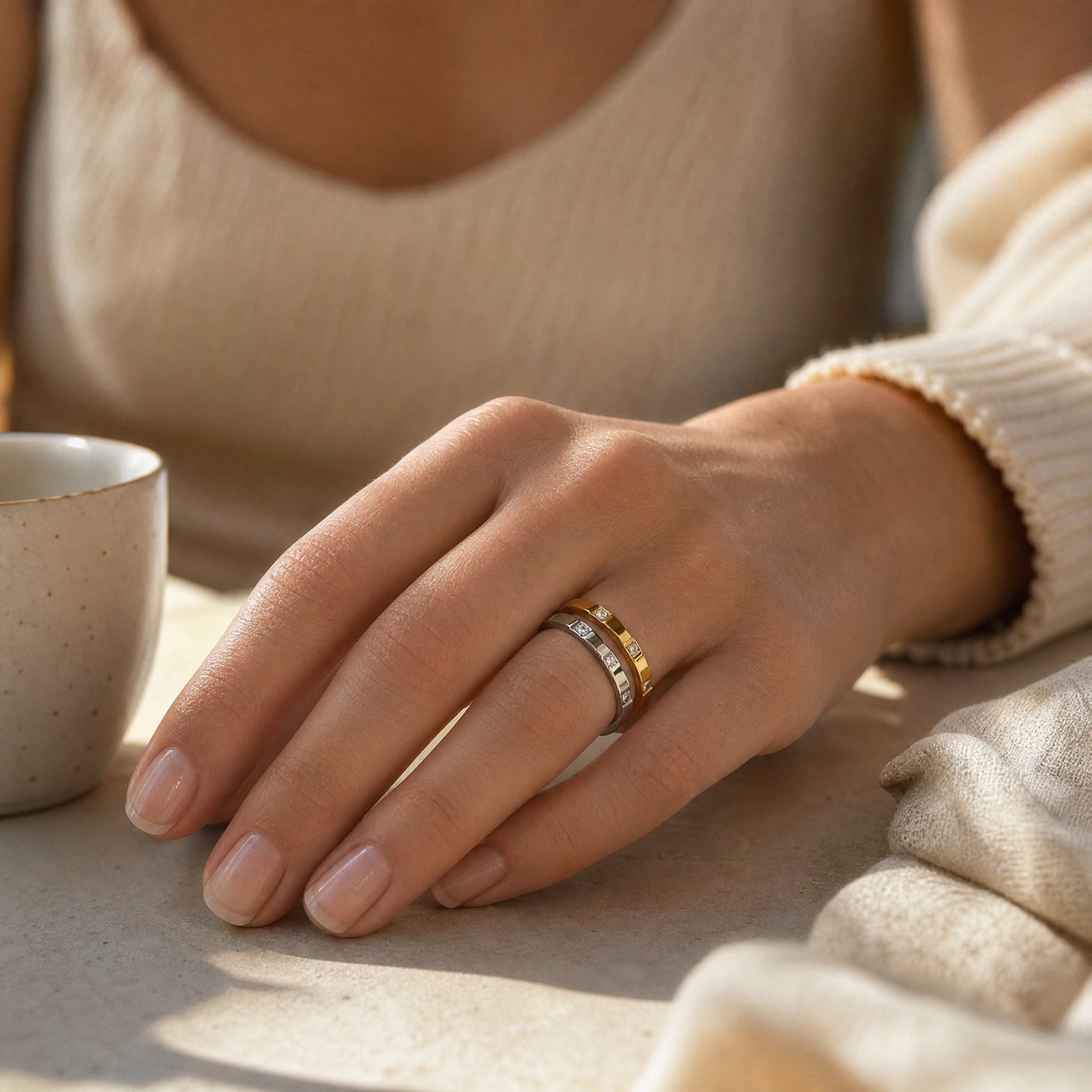 CZ Station Band Ring – Dainty Stackable Gold Silver Rose Gold Ring, Gift for Her