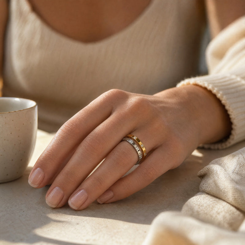 CZ Station Band Ring – Dainty Stackable Gold Silver Rose Gold Ring, Gift for Her
