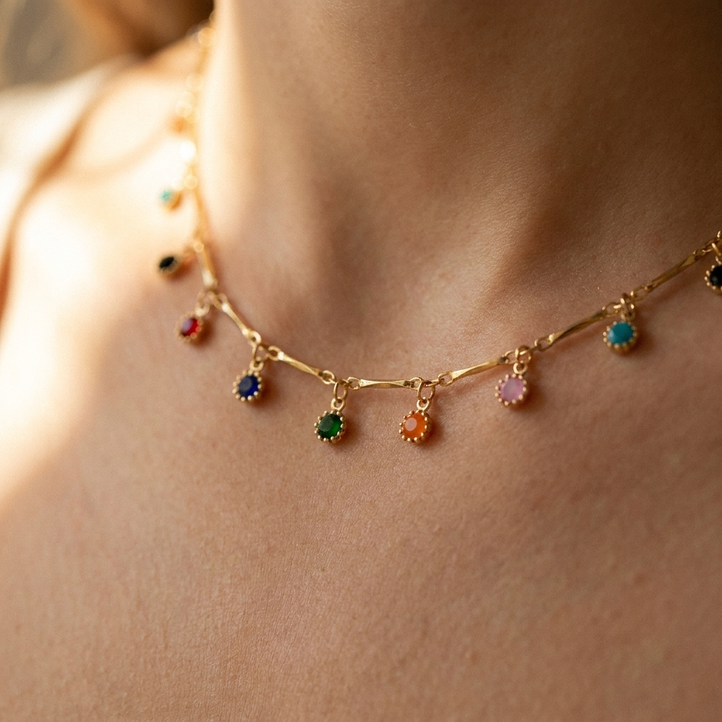 Multicolor Charm Choker Necklace – Dainty Gold Silver Colorful Bead Tassel Chain, Gift for Her