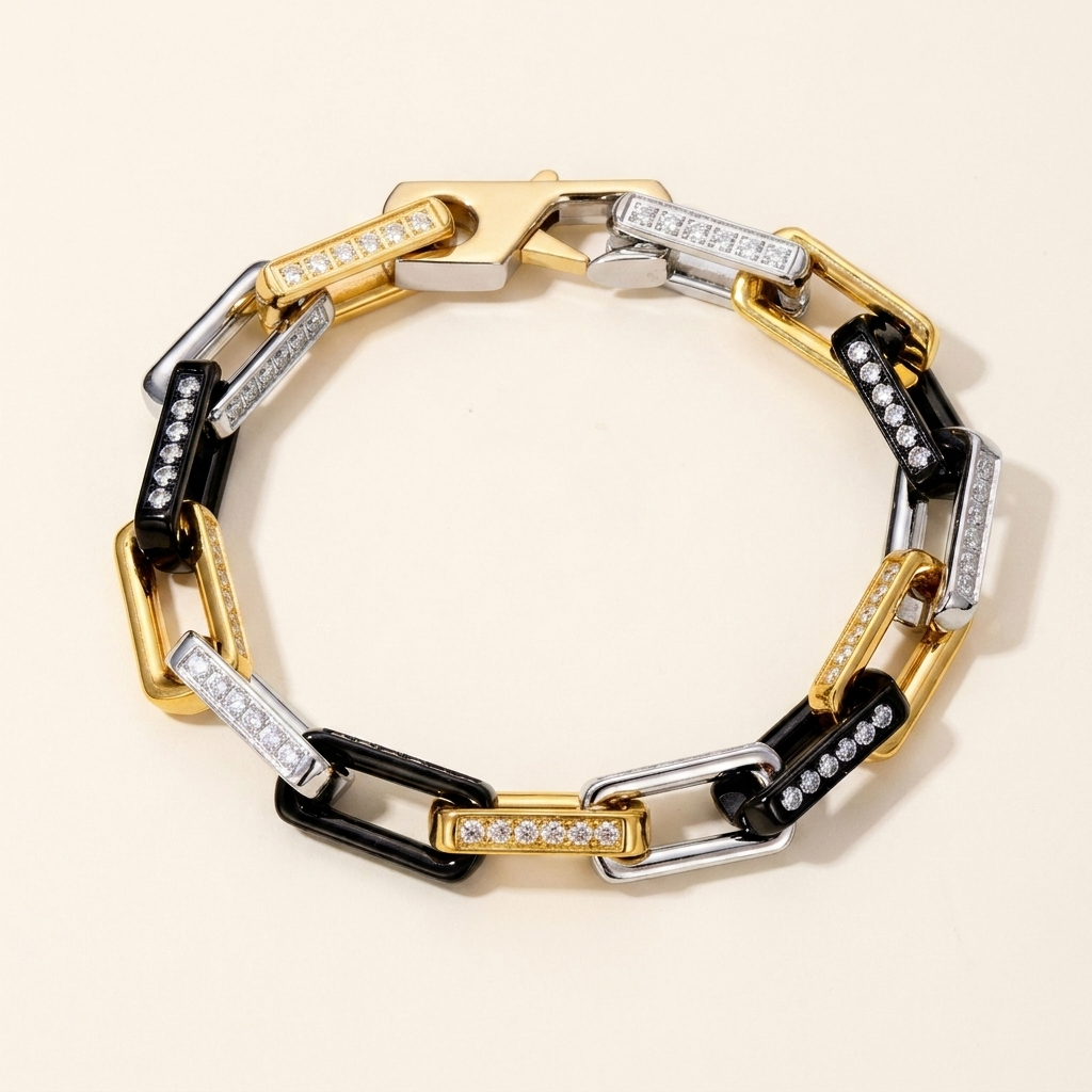 Pavé Chain Link Bracelet – CZ Rectangle Link Silver Gold Unisex Statement Bracelet