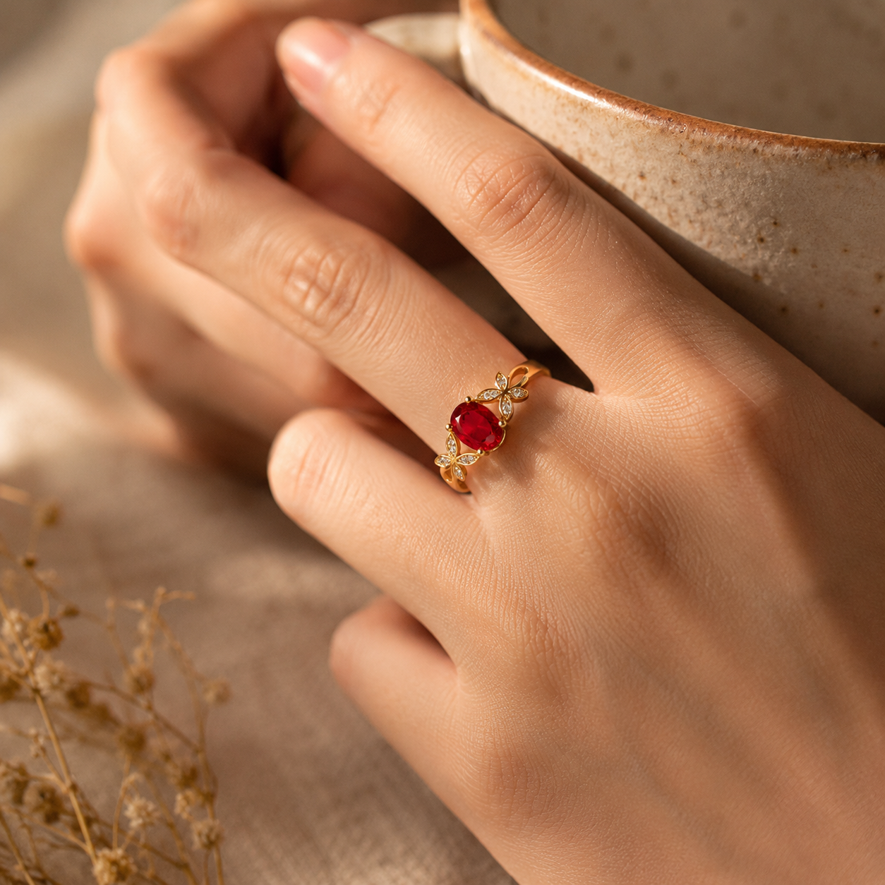 Gold Red Stone Butterfly Ring – Dainty CZ Pavé Statement Ring, Elegant Gift for Her