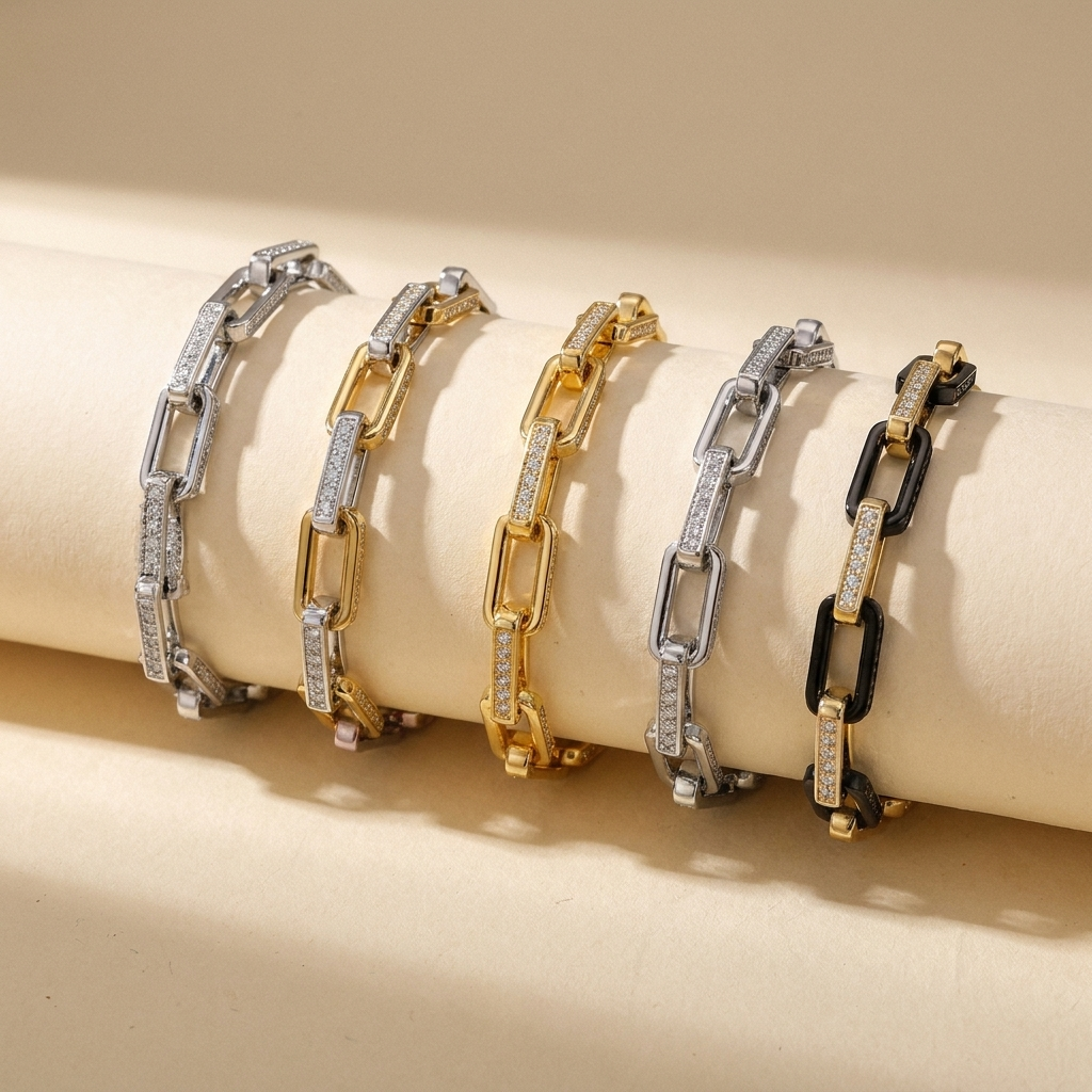 Pavé Chain Link Bracelet – CZ Rectangle Link Silver Gold Unisex Statement Bracelet