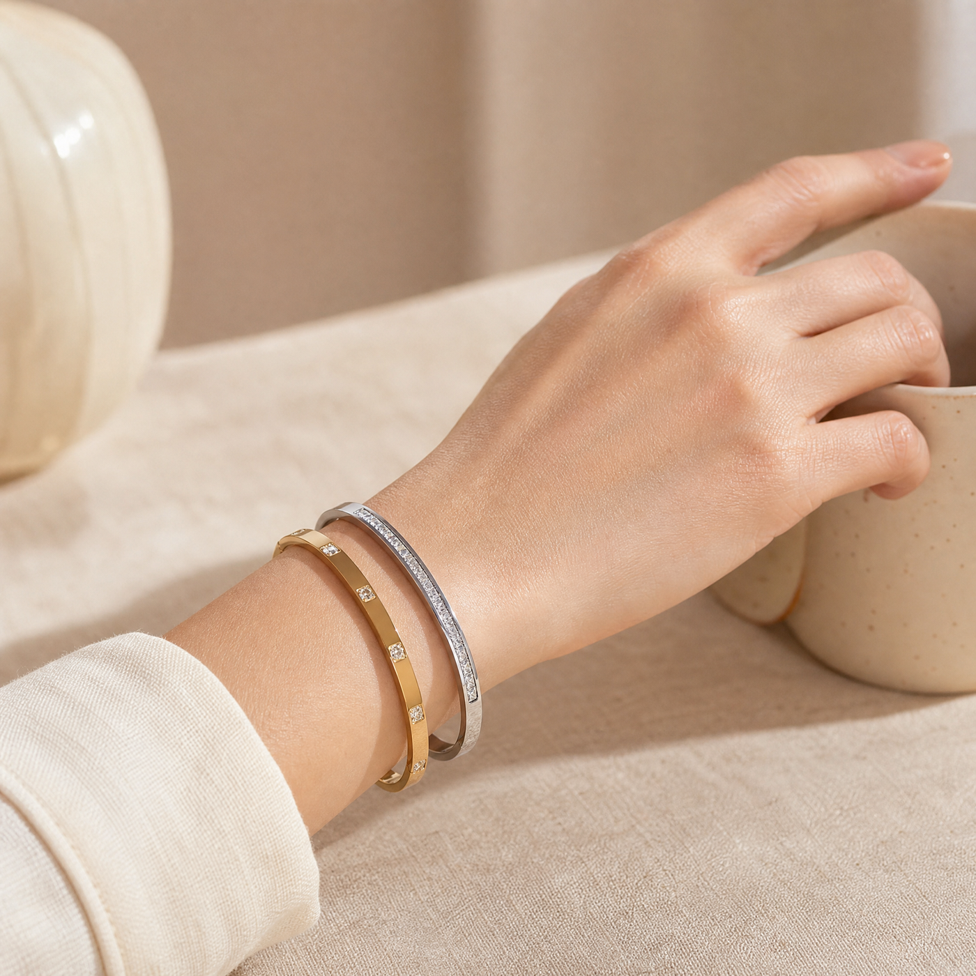 Pavé CZ Bangle Bracelet – Dainty Stackable Crystal Inlay Gold Silver Bracelet, Gift for Her