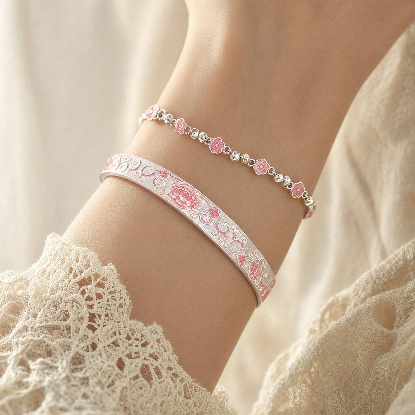 Pink Floral Enamel Bracelet Set – Silver-Tone Bangle and Flower Chain Bracelet