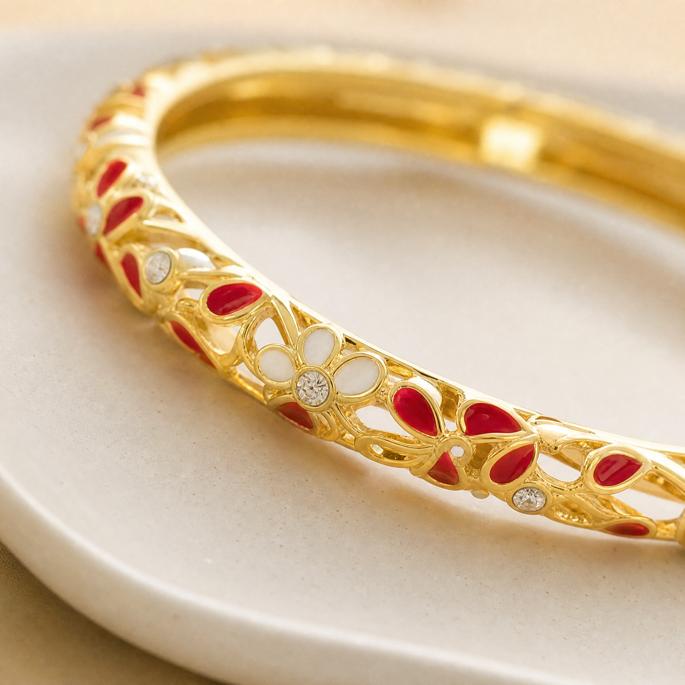 Gold Enamel Flower Bangle – Vintage Floral Copper Bracelet, Dainty Gift for Her