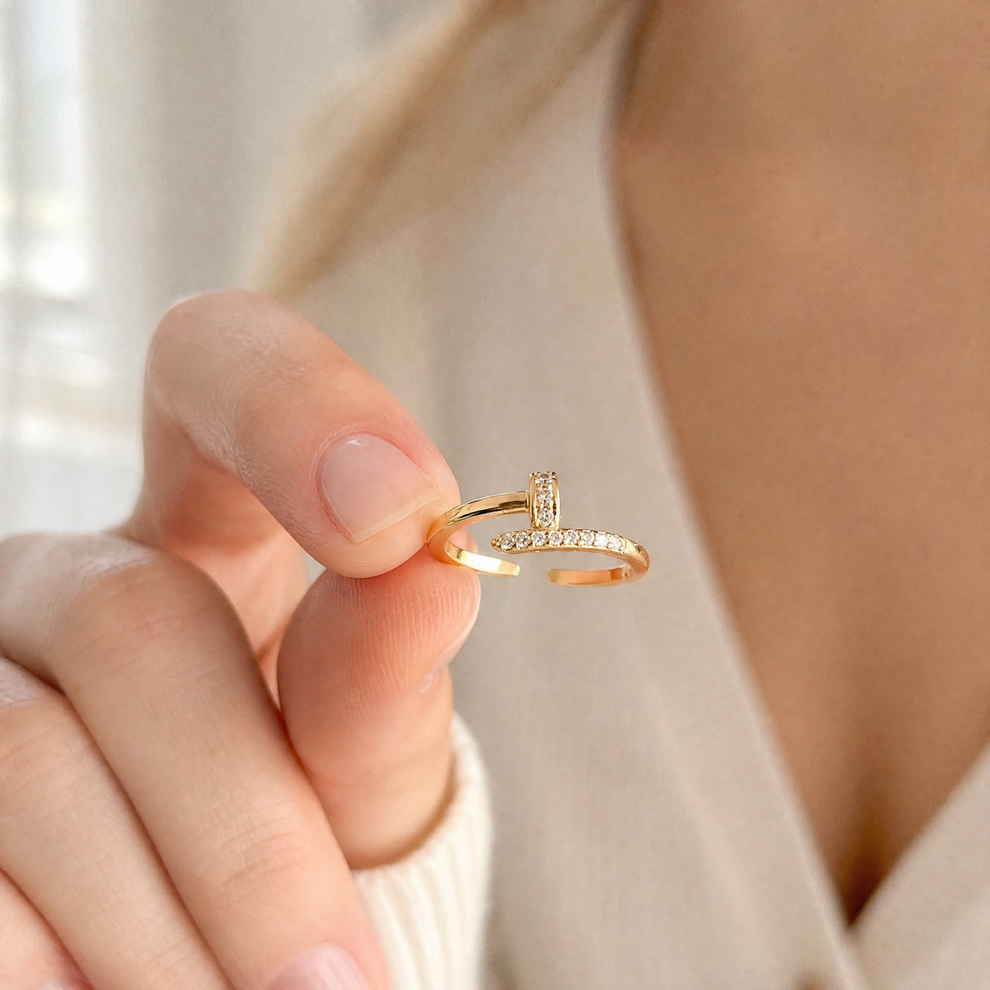 Gold Pavé Nail Ring – Dainty Open Band CZ Plated Ring for Women