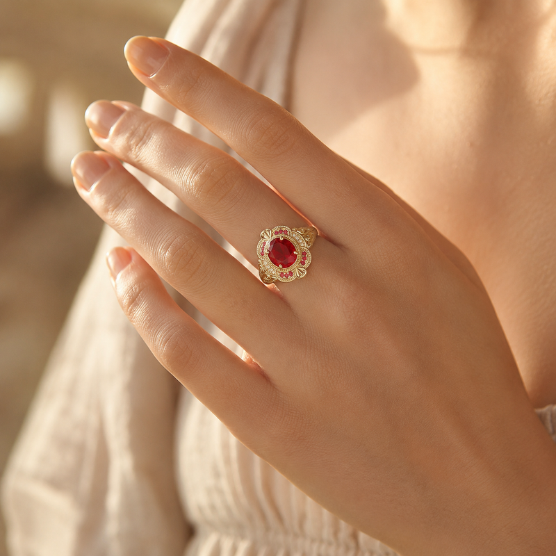Gold Vintage Floral Ruby Red CZ Ring – Elegant Statement Cocktail Ring, Gift for Her