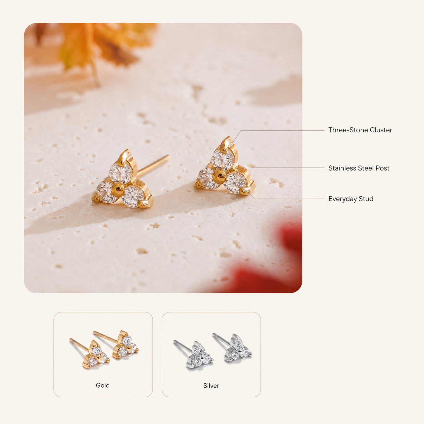CZ Trio Cluster Stud Earrings – Dainty Gold Silver CZ Flower Studs, Gift for Her