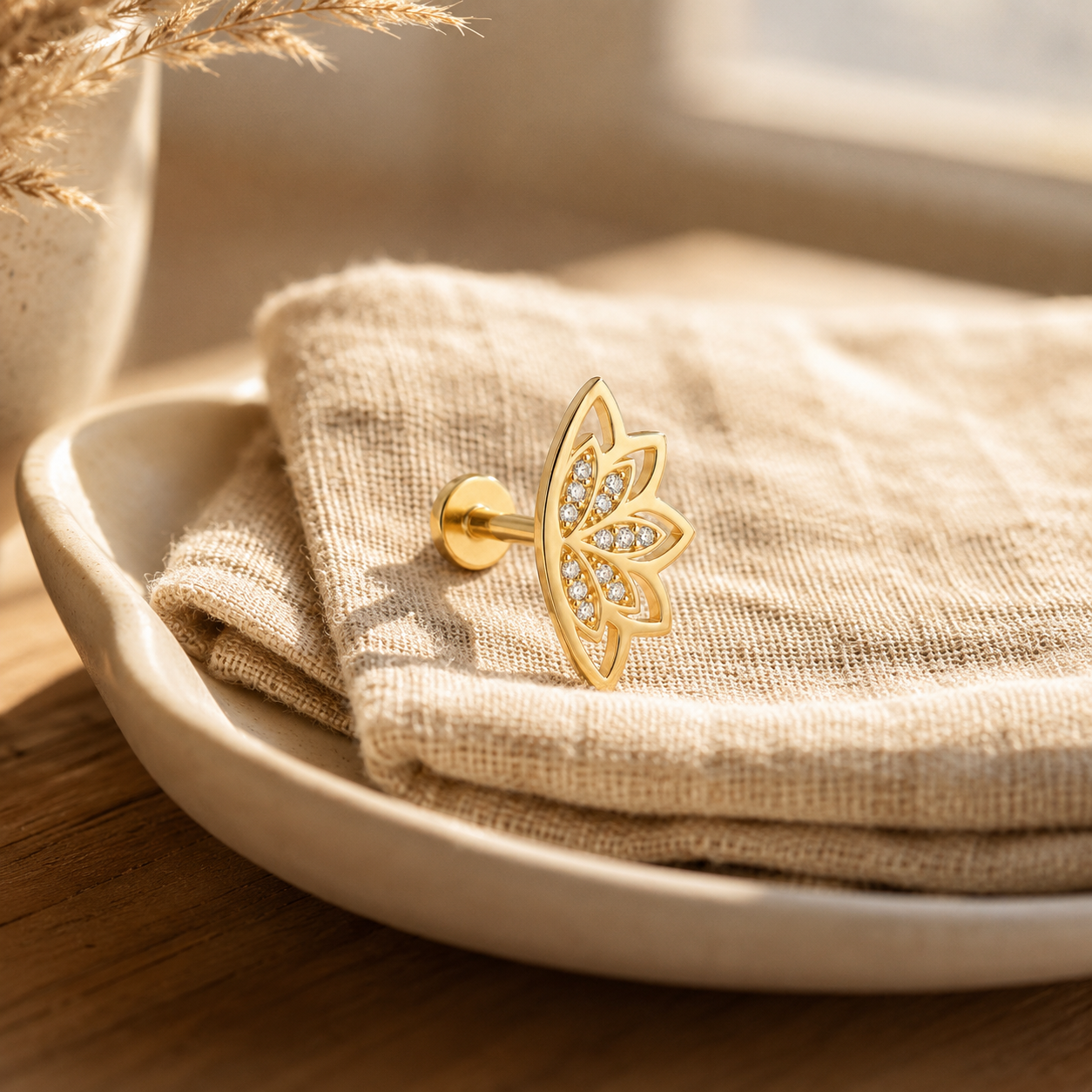 Gold Pavé Lotus Flat Back Earring – 925 Silver CZ Helix Cartilage Stud, Gift for Her