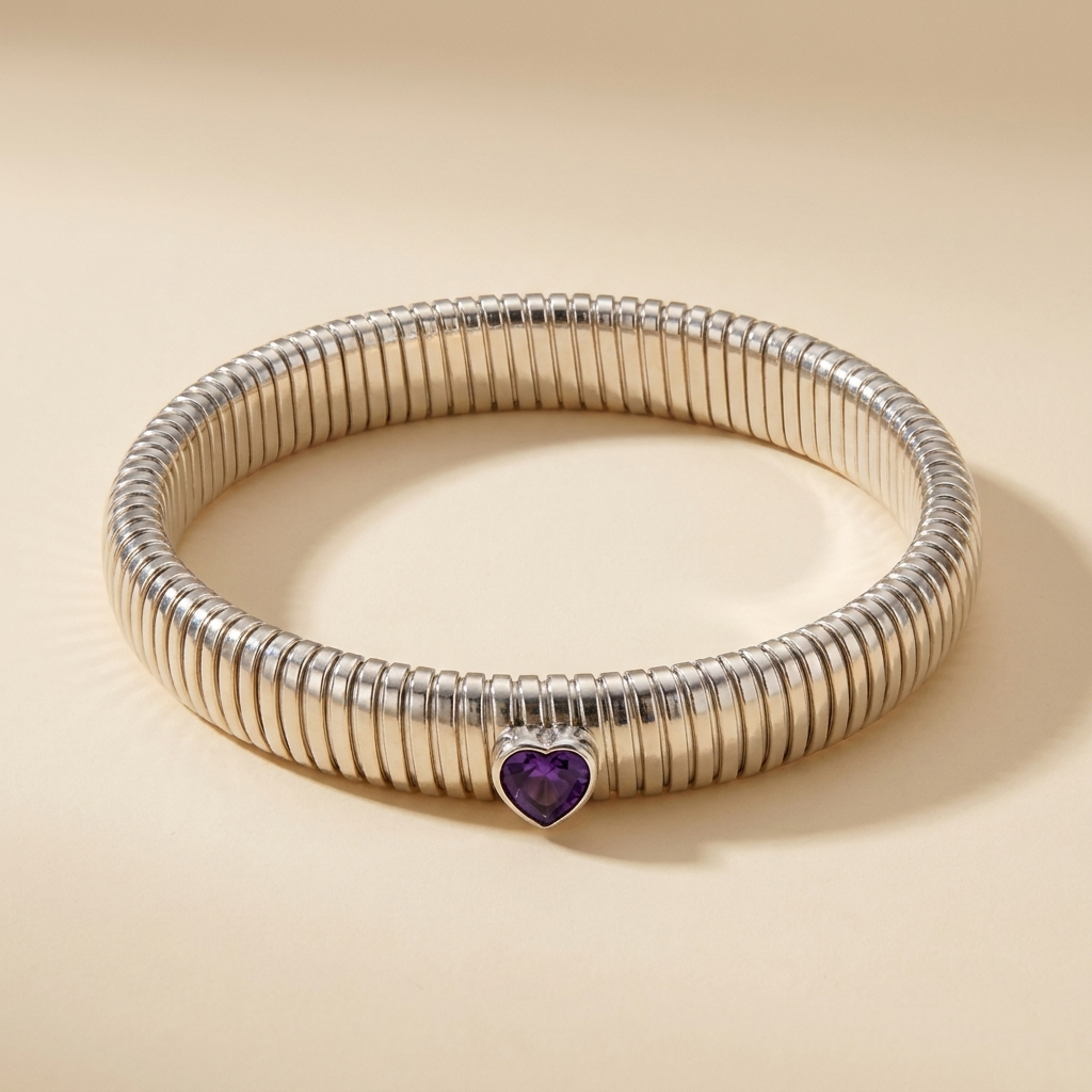 Tubogas Heart Bracelet – Retro Ribbed Stretch Bangle, Dainty Gift for Her