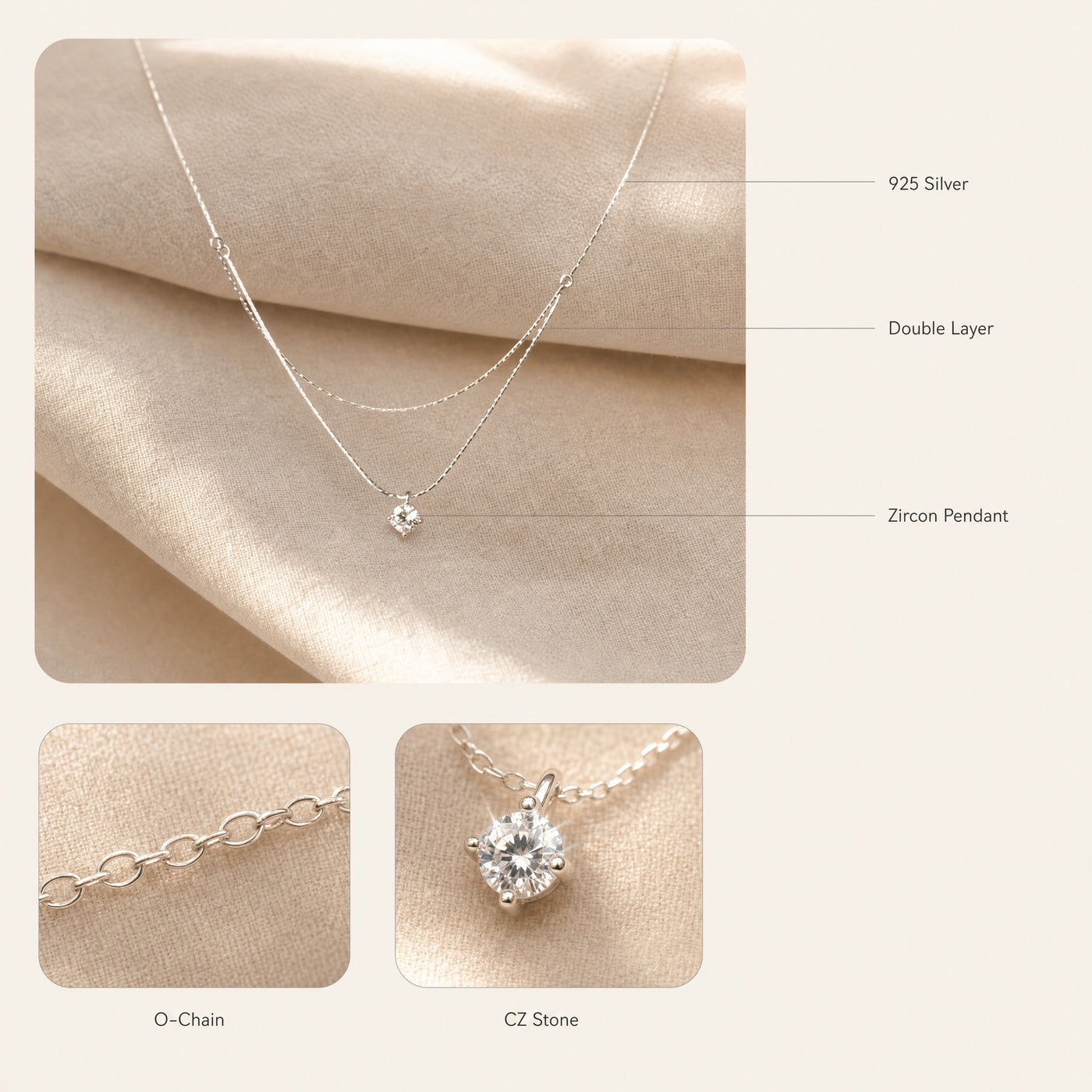Silver Double Layer CZ Necklace – 925 Sterling Silver Dainty Layered Necklace, Gift for Her