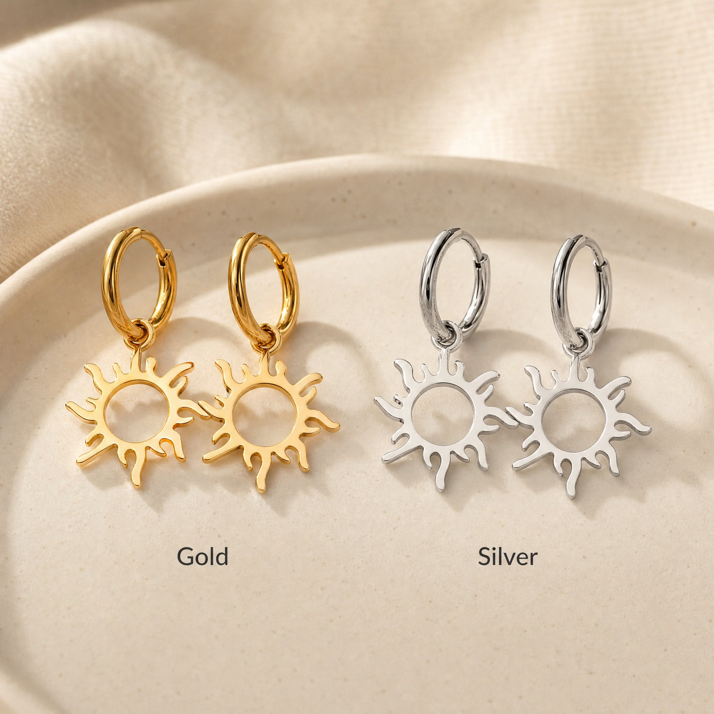 Gold Sun Charm Hoop Earrings – Dainty Celestial Drop Earrings, Boho Gift for Her