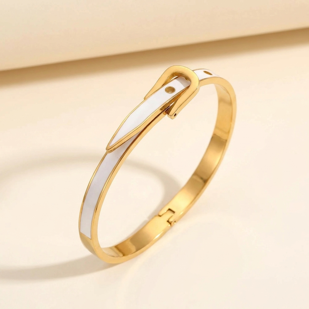 Gold Belt Buckle Bangle – Enamel Cuff Bracelet, Dainty Gold-Tone Gift for Her
