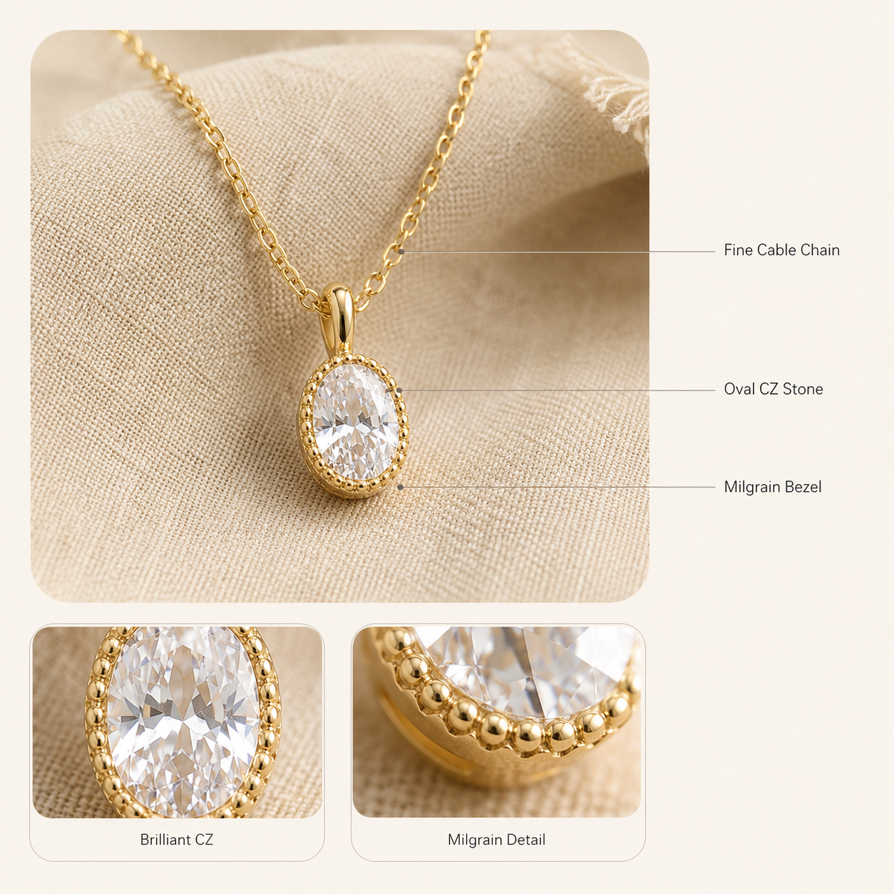 Gold Oval CZ Pendant Necklace – Dainty Milgrain Bezel Solitaire Chain, Gift for Her