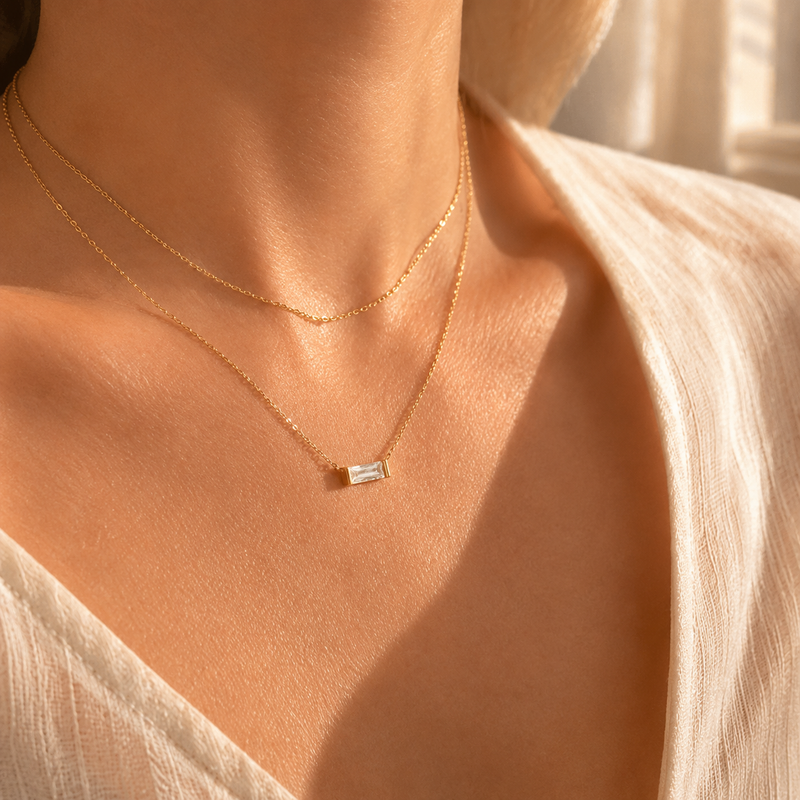 Gold Baguette Birthstone Necklace – Dainty Gold- CZ Pendant, Gift for Her