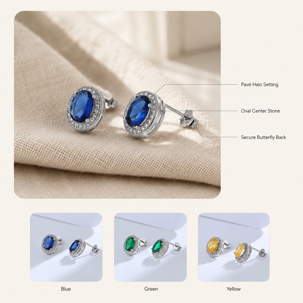 Silver Oval Crystal Halo Stud Earrings – Pavé CZ Gemstone Studs, Gift for Her