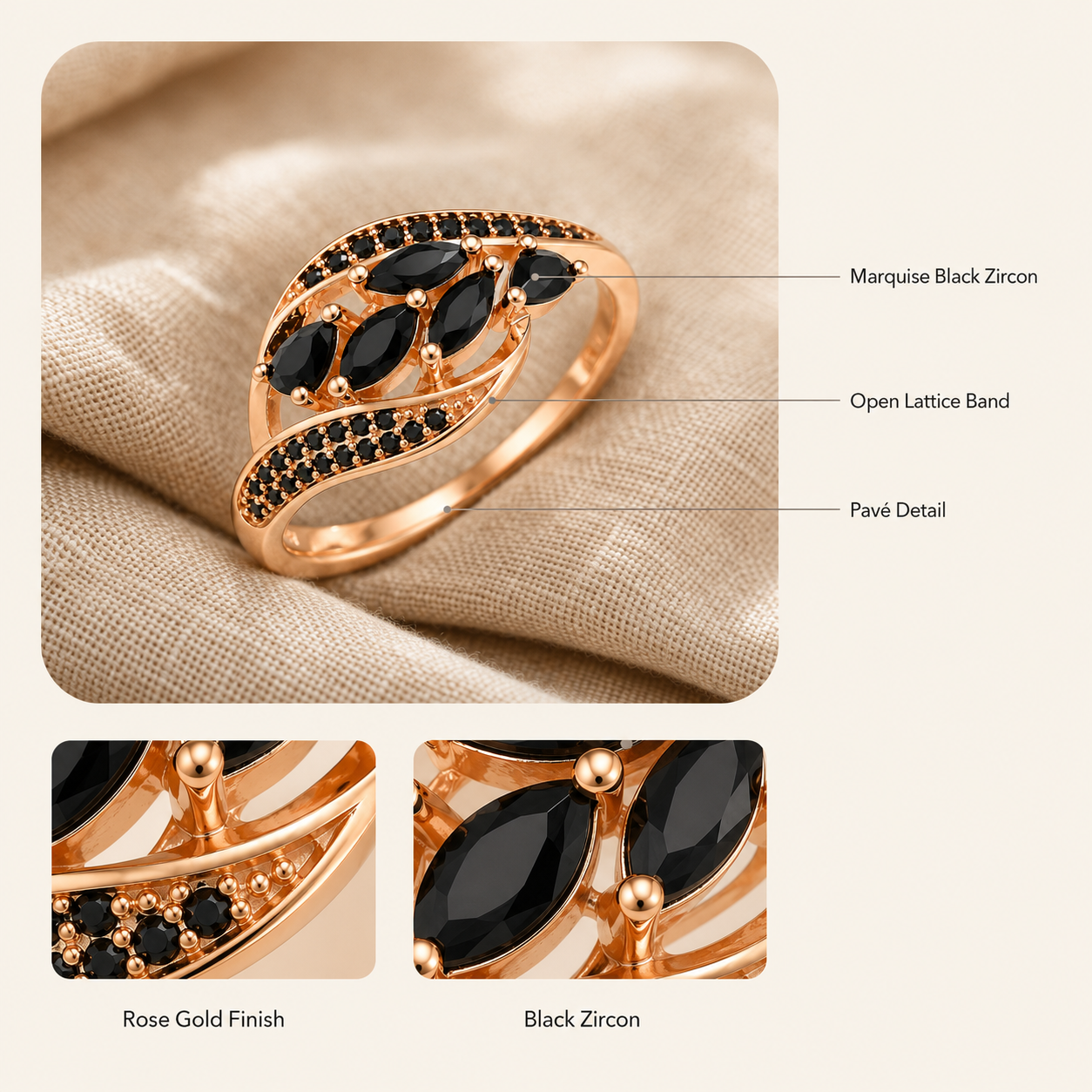 Rose Gold Black Zircon Cluster Ring – Marquise Stone Pavé Statement Ring for Women