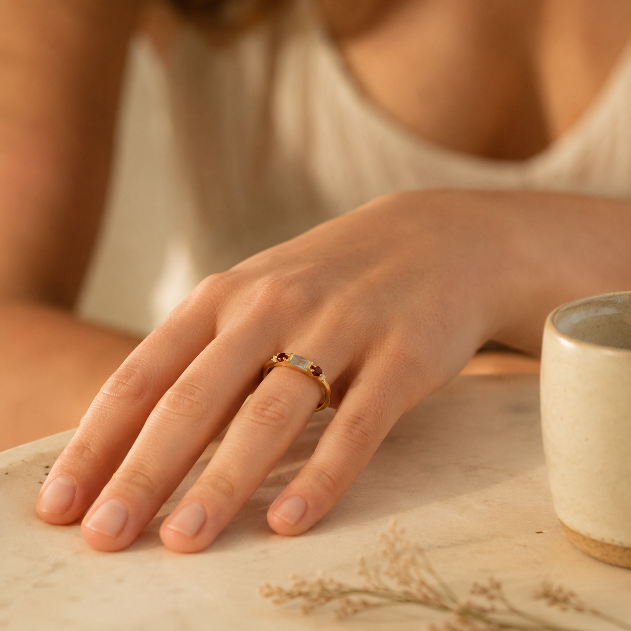 Gold Baguette & Garnet CZ Ring – Dainty Multi-Stone Stacking Ring, Gift for Her