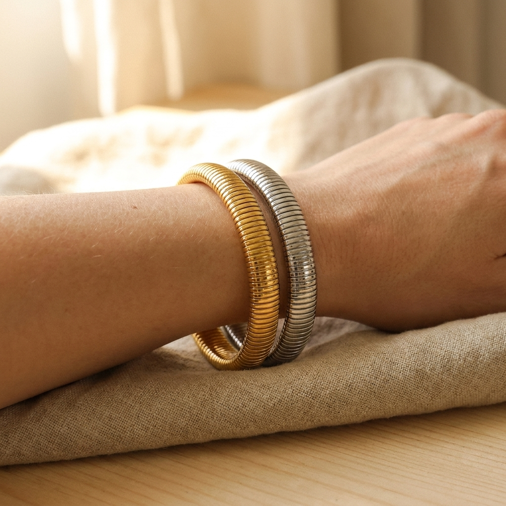 Gold Ribbed Cuff Bracelet – Elastic Stainless Steel Retro Bangle, Unisex Gift