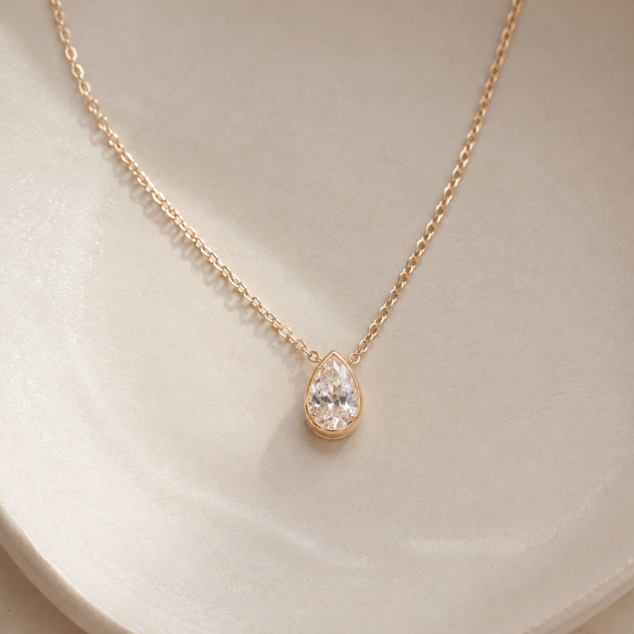 Gold Pear Drop CZ Pendant Necklace – Dainty Bezel Set Teardrop Necklace, Gift for Her