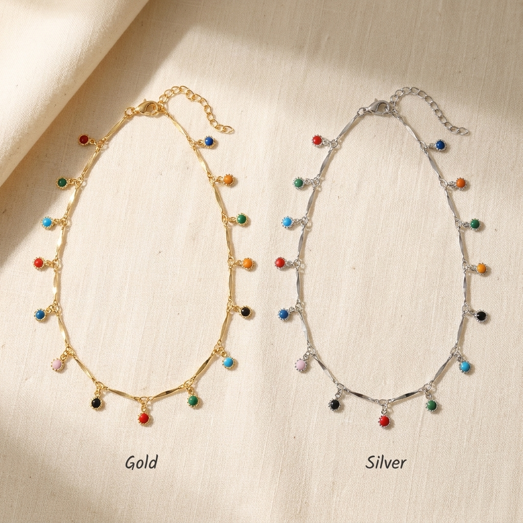 Multicolor Charm Choker Necklace – Dainty Gold Silver Colorful Bead Tassel Chain, Gift for Her