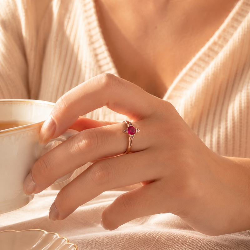 Rose Gold Star Ring – Ruby Red CZ Four-Point Star Ring for Her