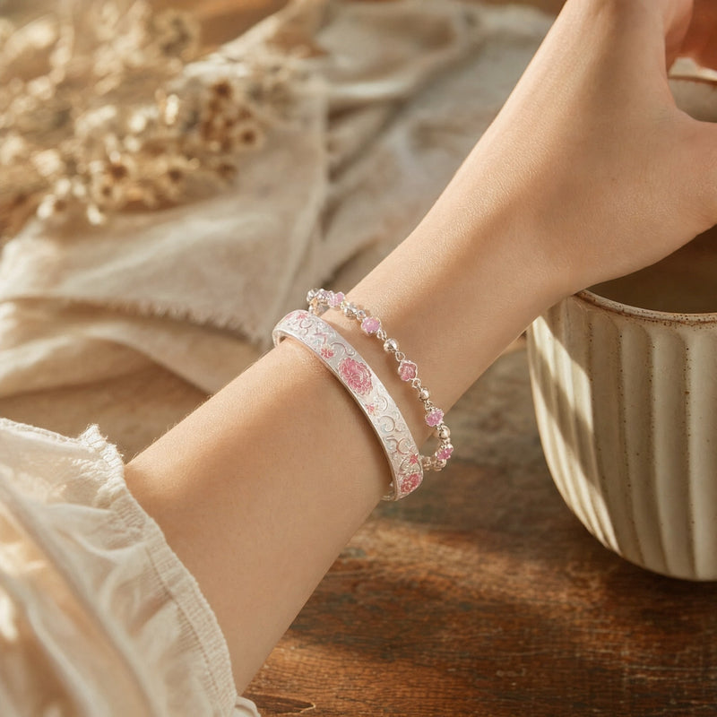 Pink Floral Enamel Bracelet Set – Silver-Tone Bangle and Flower Chain Bracelet