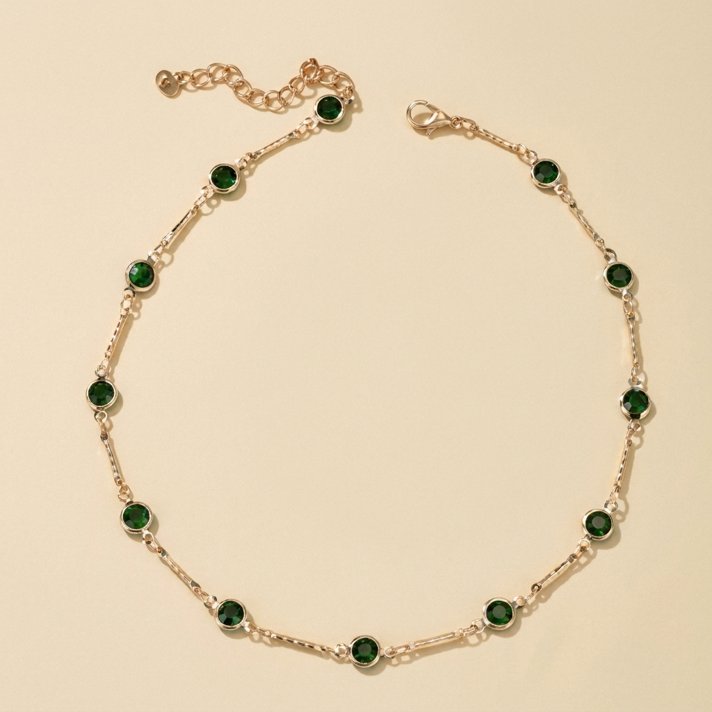 Green Stone Station Necklace – Dainty Gold Silver Chain Choker, Minimalist Gift for Her