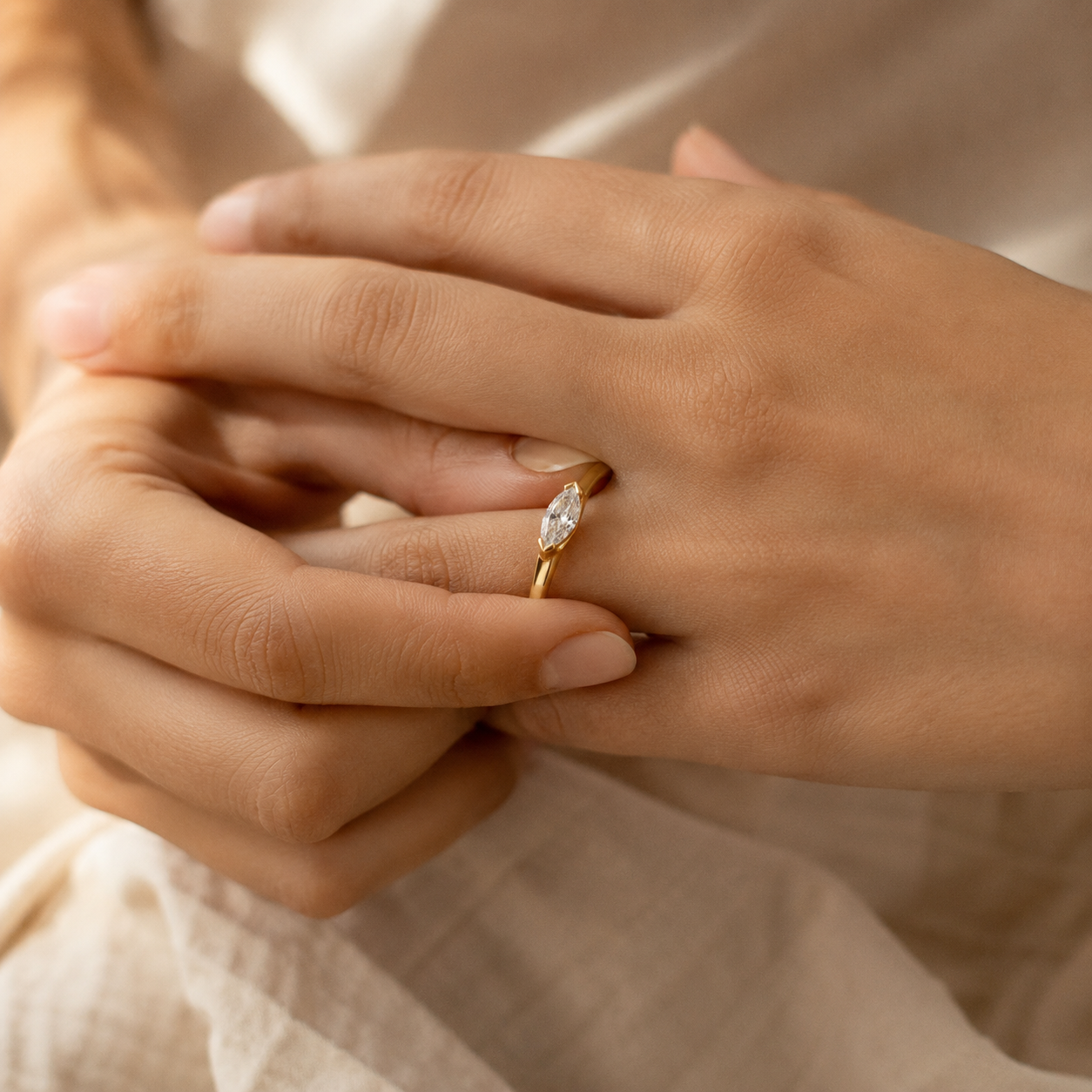 Gold Marquise CZ Ring – Dainty Minimalist Wedding Band, Stackable Promise Ring for Women