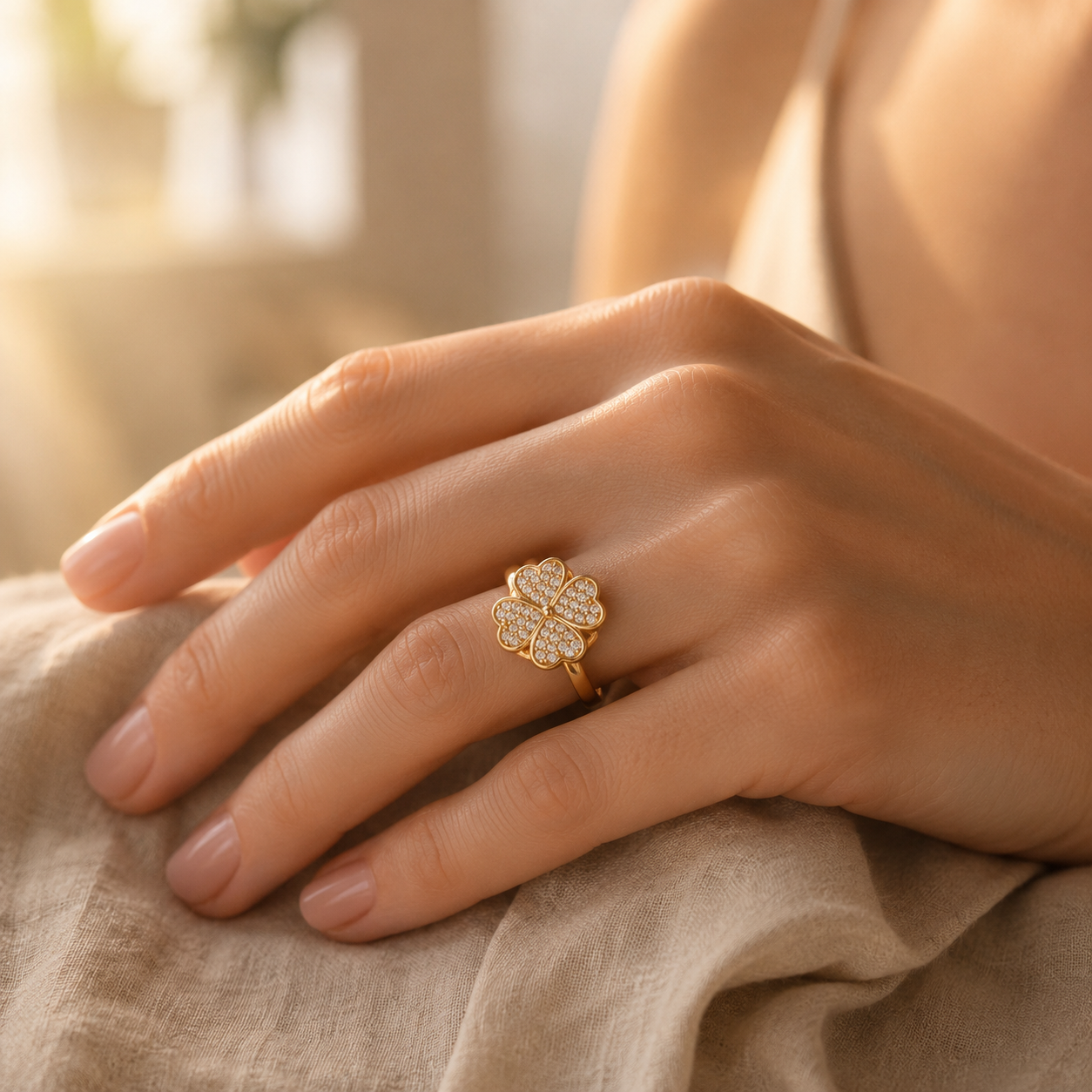 Pavé Clover Spinner Ring – Fidget Anxiety Ring Gold Silver CZ, Lucky Gift for Her