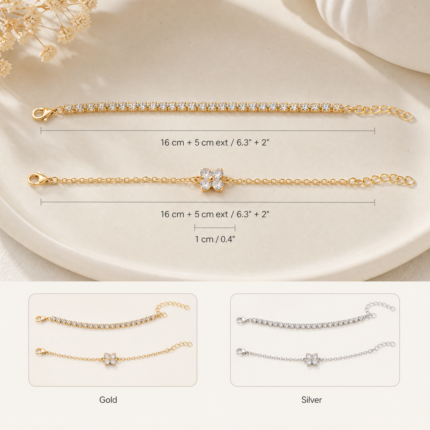 Gold Pavé Tennis & Flower CZ Bracelet Set – Dainty Layering Bracelets, Gift for Her