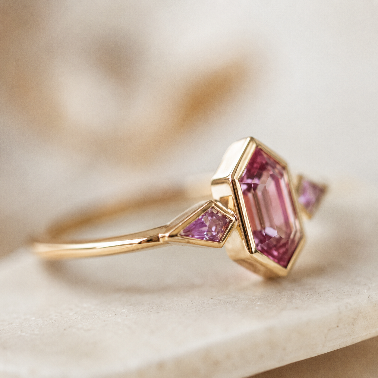 Gold Pink CZ Geometric Ring – Dainty Gold Statement Ring, Minimalist Engagement Jewelry for Women
