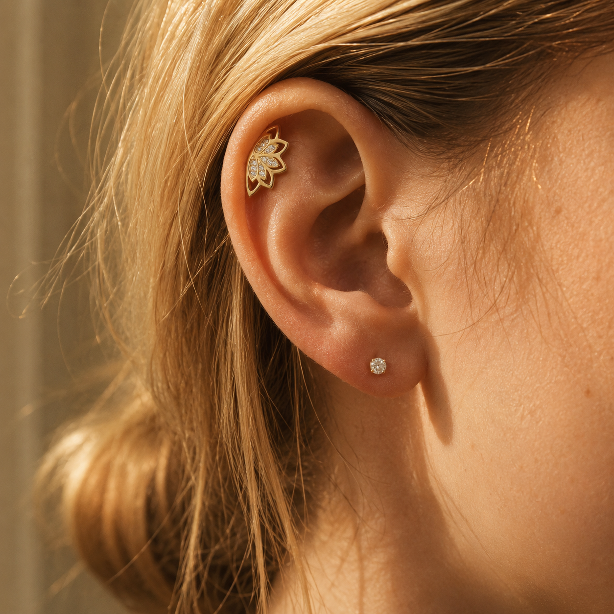 Gold Pavé Lotus Flat Back Earring – 925 Silver CZ Helix Cartilage Stud, Gift for Her