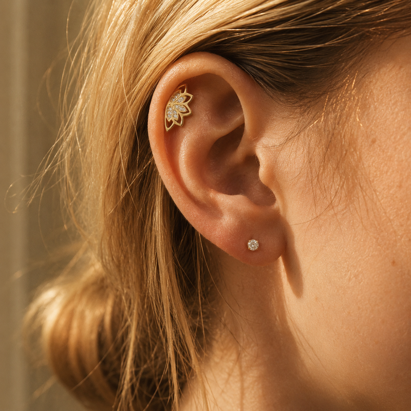 Gold Pavé Lotus Flat Back Earring – 925 Silver CZ Helix Cartilage Stud, Gift for Her