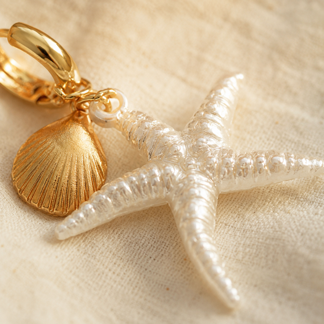 Gold Starfish Shell Hoop Earrings – Dangle Beach Jewelry, Boho Ocean Gift for Her
