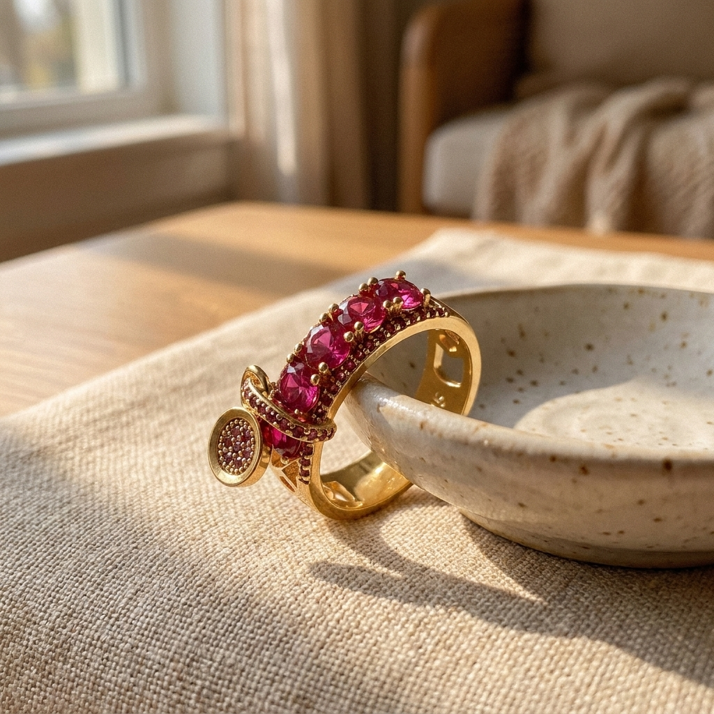 Pavé CZ Charm Ring – Pink Zircon Dangle Statement Ring, Gift for Her