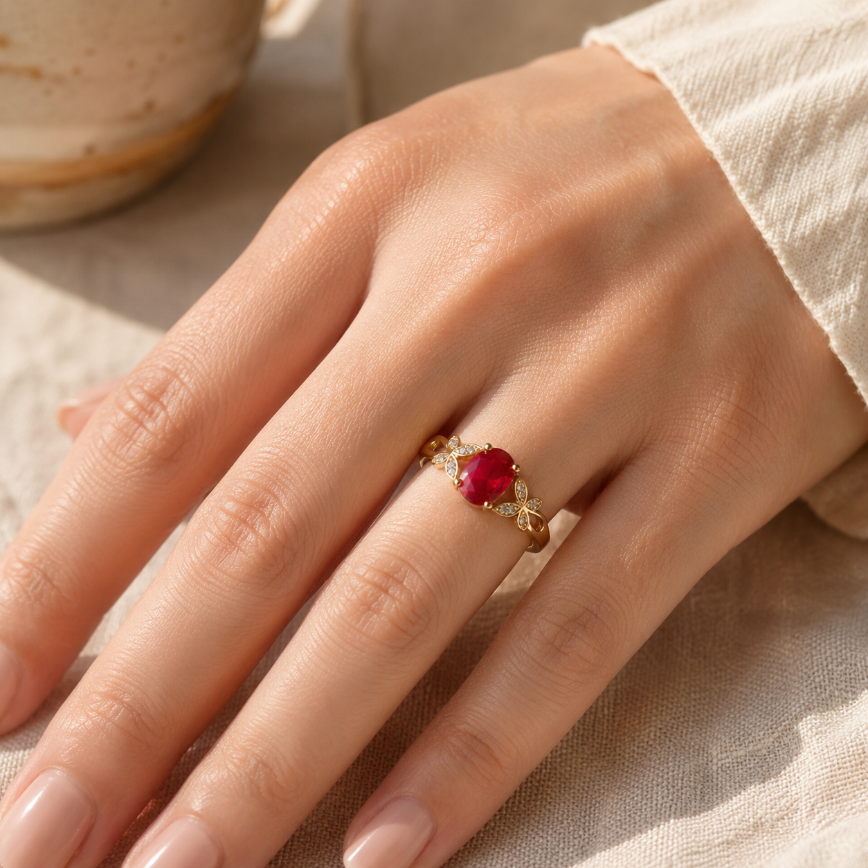 Gold Red Stone Butterfly Ring – Dainty CZ Pavé Statement Ring, Elegant Gift for Her