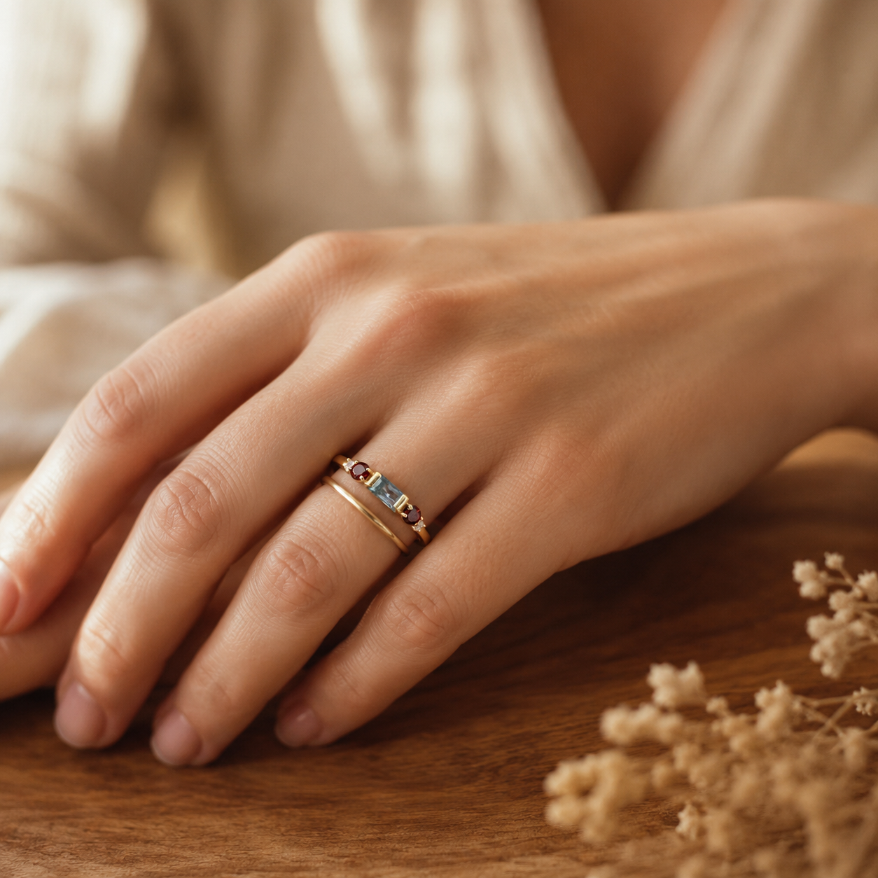 Gold Baguette & Garnet CZ Ring – Dainty Multi-Stone Stacking Ring, Gift for Her