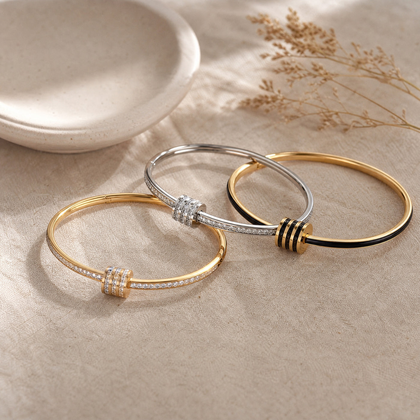 Zirconia Stainless Steel Cuff Bangle – Stackable Gold Silver Bracelet, Minimalist Gift for Women