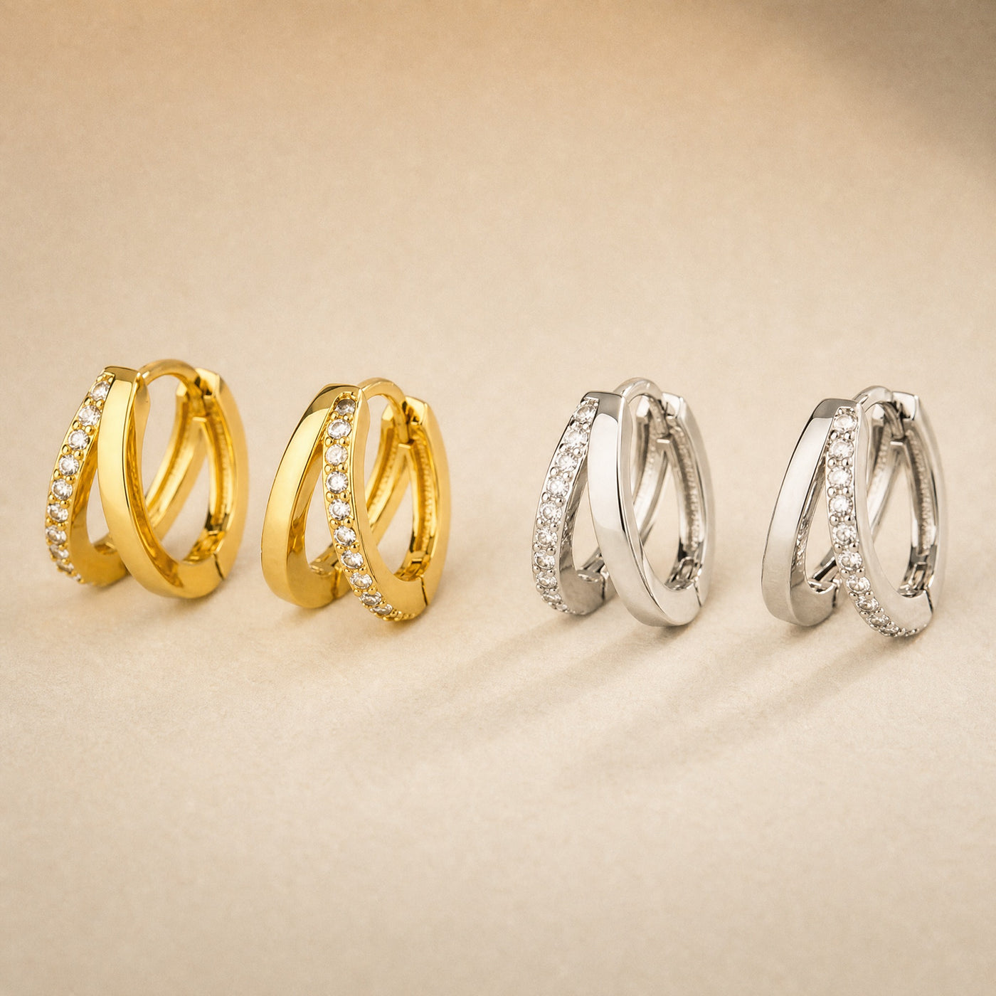 Double Hoop Pavé Earrings – Gold Silver CZ Huggie Cartilage Hoop Earrings for Women