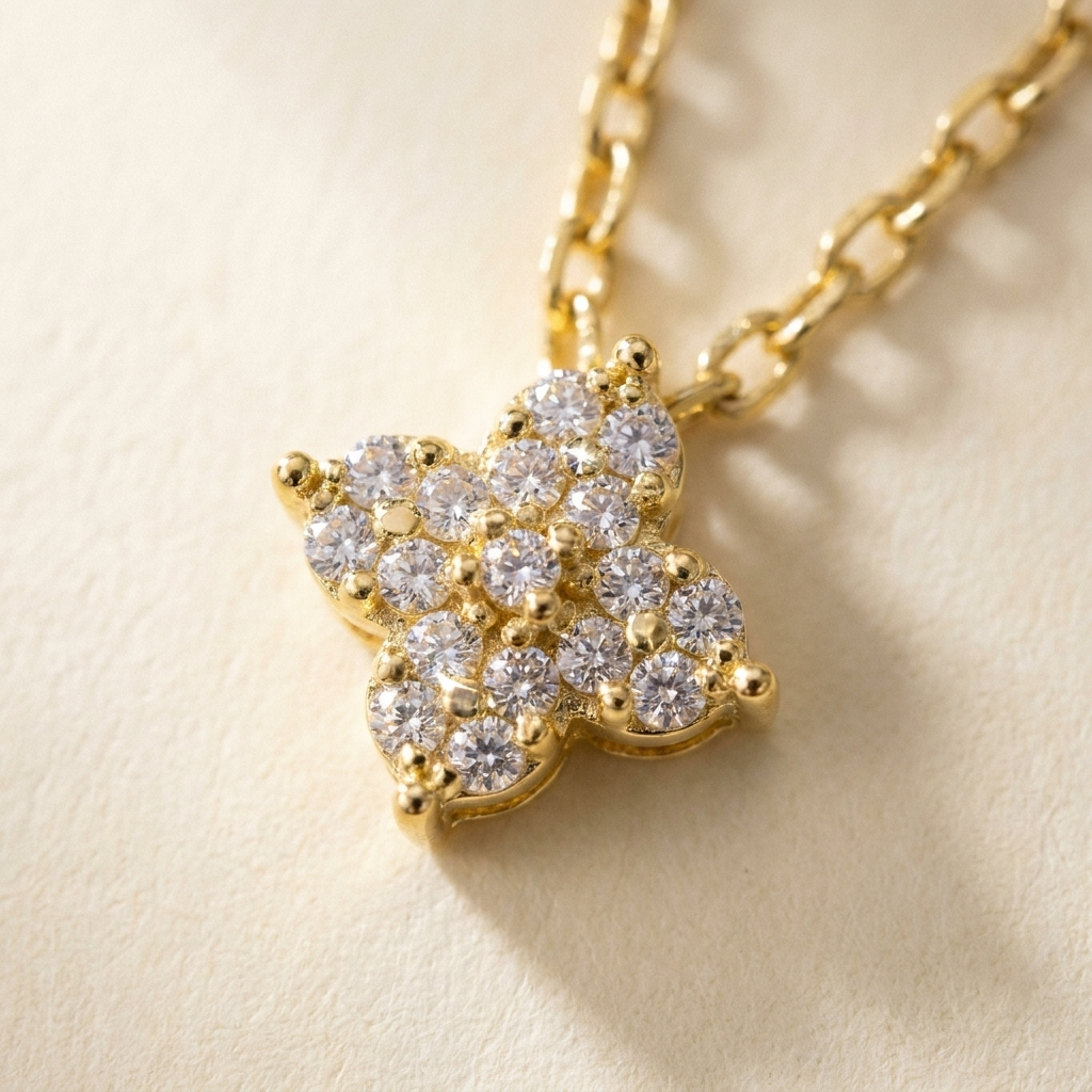 Gold Pavé Clover Pendant Necklace – Dainty CZ Four-Leaf Gold-Plated Chain Necklace Gift