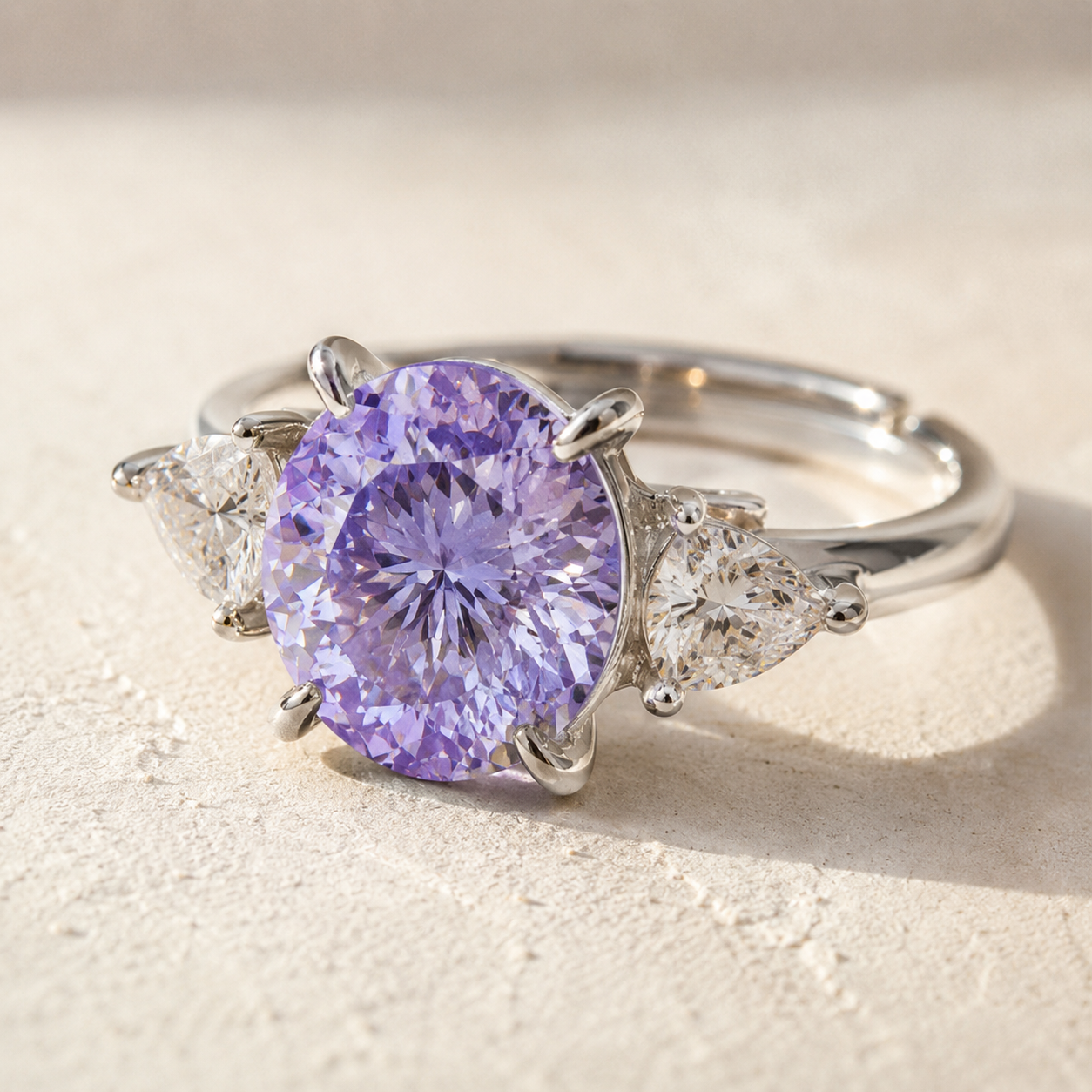 Silver Purple CZ Three Stone Ring – Adjustable Oval Ice Flower Cut Sterling Look Promise Ring