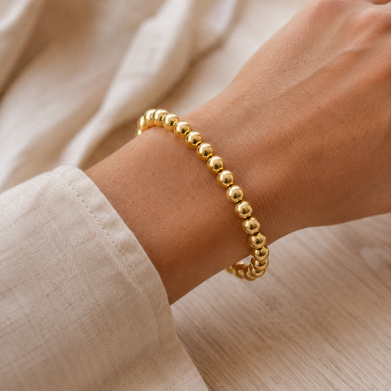 Gold Beaded Bracelet – 8mm Stainless Steel Stretch Bracelet, Stackable Minimalist Jewelry for Women